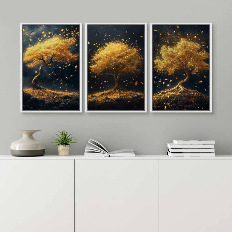 «Moody Dark Autumn Fall Gold Tree Leaves», ensemble de 3 reproductions d'art sur toile encadrées, Blanc, H 36 po x l 24 po