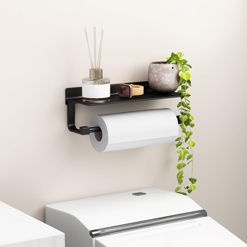 Porte-serviettes mural en papier avec tablette pour salle de bain / cuisine, porte-serviettes adhésif noir mat