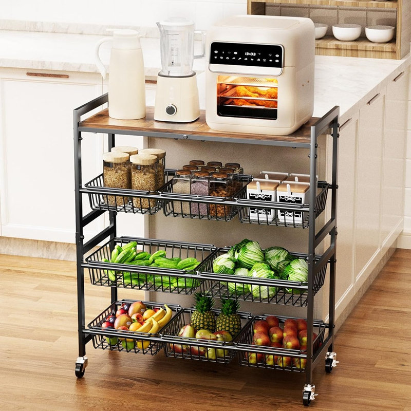 4-Tier Kitchen Utility Cart With Wood Top, Storage Cart With 8 Baskets And Handle, Metal Rolling Pantry Organizer On Wheels For Fruits And Vegetables