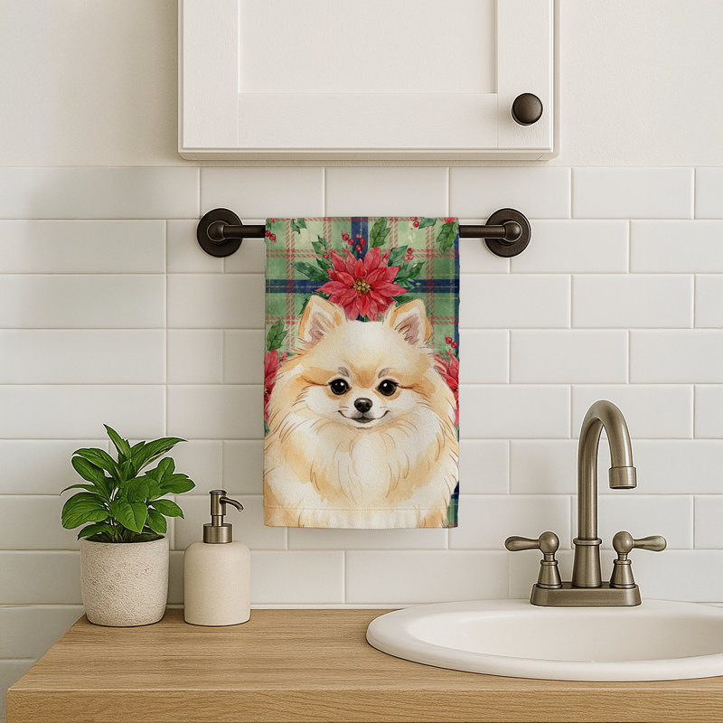 Cream Pomeranian Christmas PoinsettIas Kitchen Towel, Cream Pomeranian
