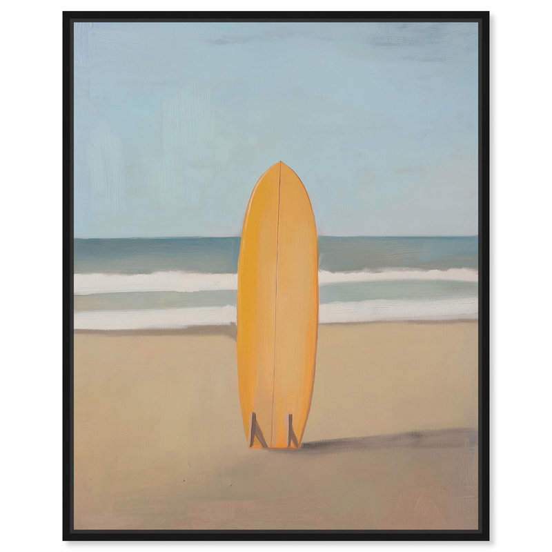 «Surfing Yellow Board Canvas Beach Coastal Art» par Art Remedy, Cadre flottant noir, H 25 po x l 21 po x P 1,8 po
