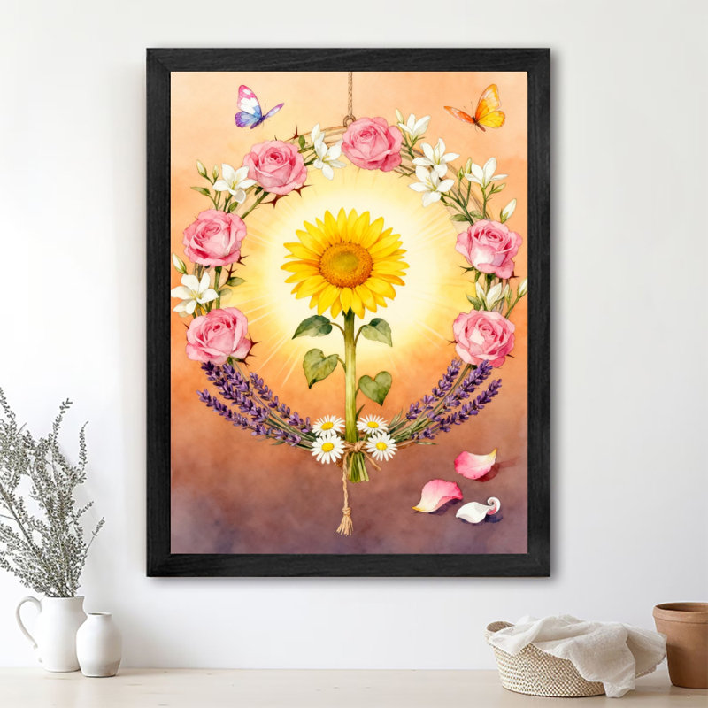 Reproduction d'art encadré noir avec de belles fleurs qui attirent les insectes, H 11 po x l 9 po