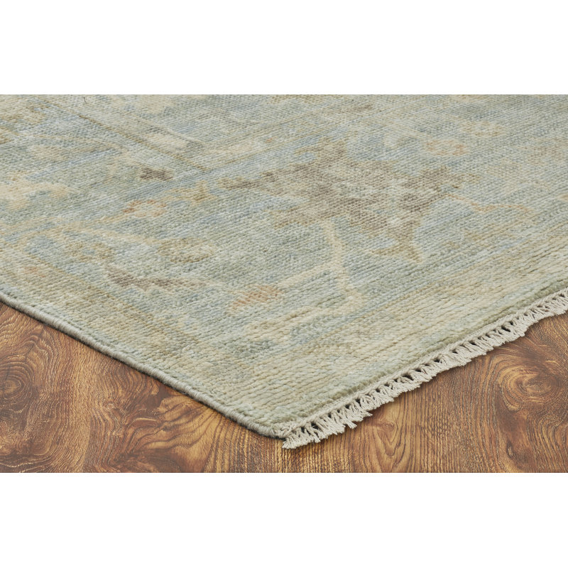 Rectangle Oriental Hand-Knotted Wool Area Rug in Blue/White, Rectangle 6' x 9'