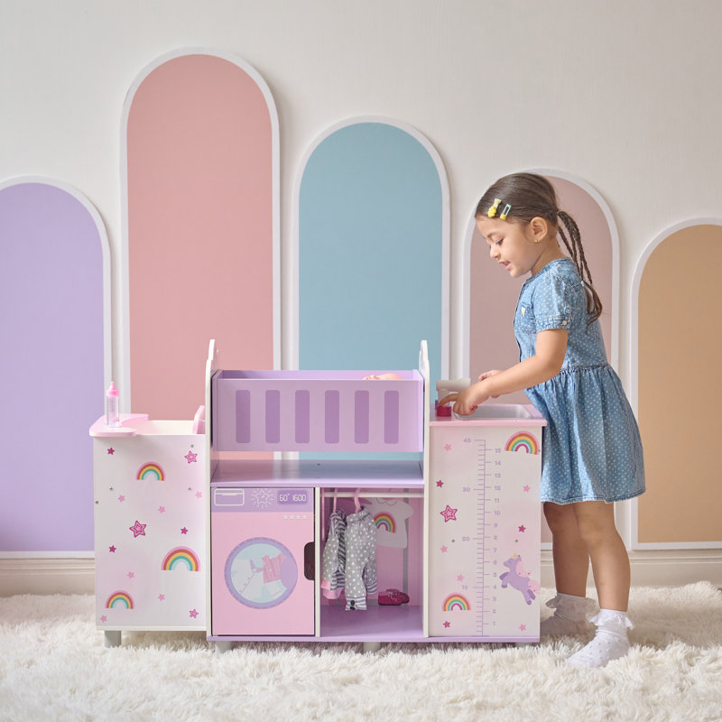 Teamson Kids Wooden 6-in-1 Baby Doll Nursery With Cradle, High Chair & Sink For Pretend Play