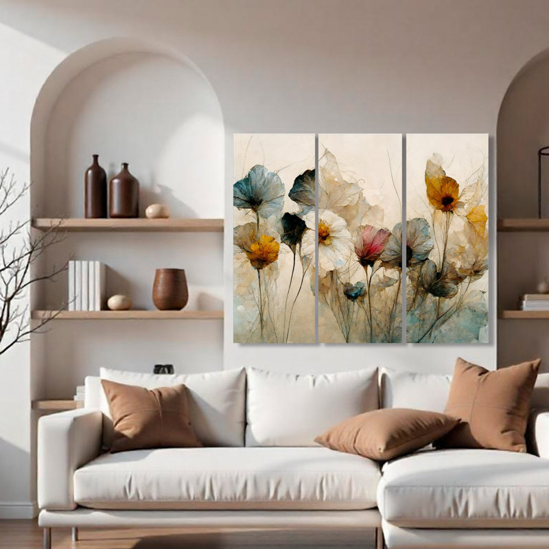 Nature Inspired Dry Flower Bouquet by Treechild - 3 Piece Picture Frame Print Set on Wood, 60" W x 40" H