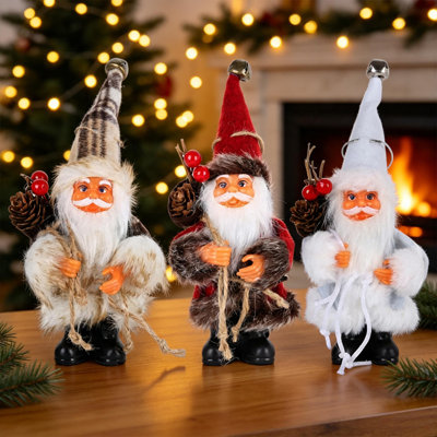 3pcs Christmas Santa Claus Figurines, 6.3" H Plush Standing Santa Doll with Pinecone Berry & Bell Ornament, Winter Holiday Tabletop Centerpiece Decoration for Indoor Home Party (Set of 3)