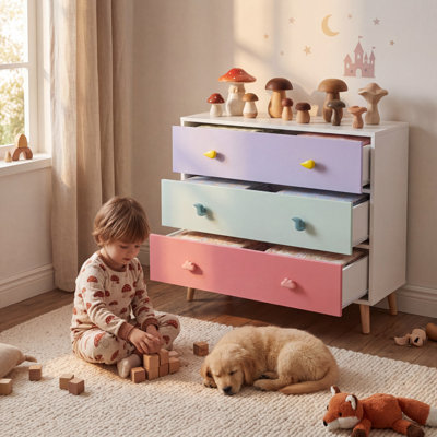 31.50''Colorful Multi-Purpose Kids Dresser, 3-Drawer Nursery Chest with Cute Cartoon Handles, Smooth Euro Glides and Anti-Tipping Safety for Toddler Bedroom