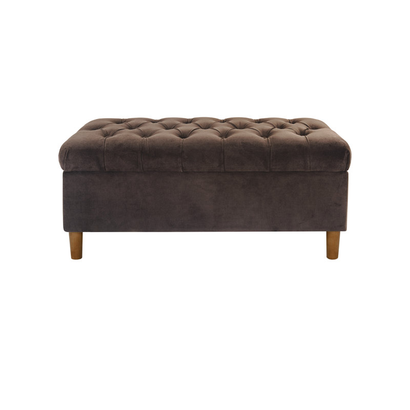 Chocolate Brown Velvet Tufted Storage Bench with Honey Oak Legs