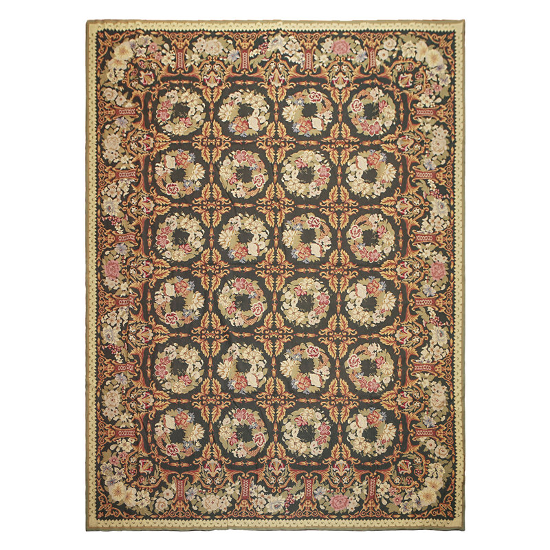 Tapis traditionnel anthracite en laine tissé à la main 9 pi x 12 pi Aubusson