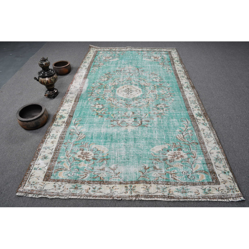 Tapis turc rétro fait à la main de style Oushak vintage pour salon en beige / vert