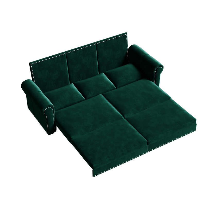Très grand lit escamotable 31 en velours avec accoudoirs roulés classiques et garniture cloutée, facile à assembler, dimensions 93,7 po, accoudoir, pour les maisons contemporaines