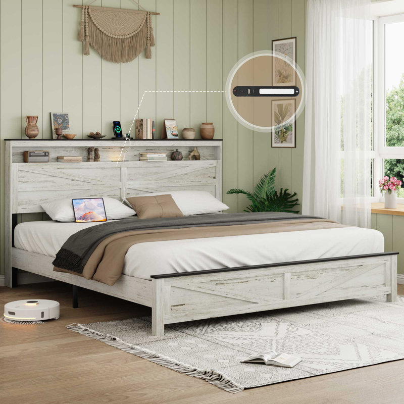 Judd Metal Platform Bed with Wooden Headboard, USB Charging & Storage, King