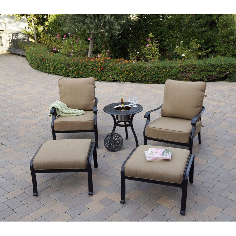 Lashone 5-Piece Cast Aluminum Patio Conversation Set, 24'' Round Ice Bucket End Table & Cushions