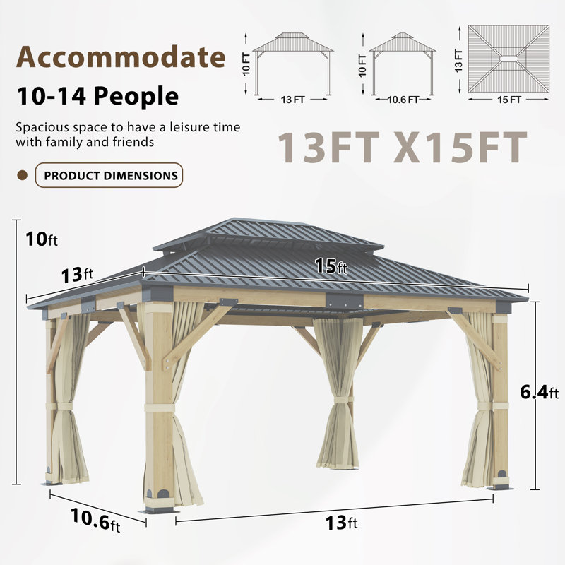 Toit-terrasse en acier galvanisé avec rideaux et filets pour l'extérieur en bois de cèdre l 15 pi x P 13 pi