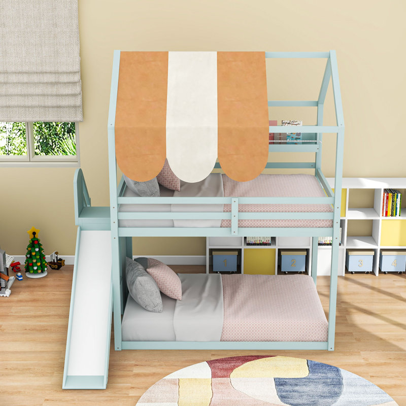 House Bed With Canopy And Bookshelves, Light Green