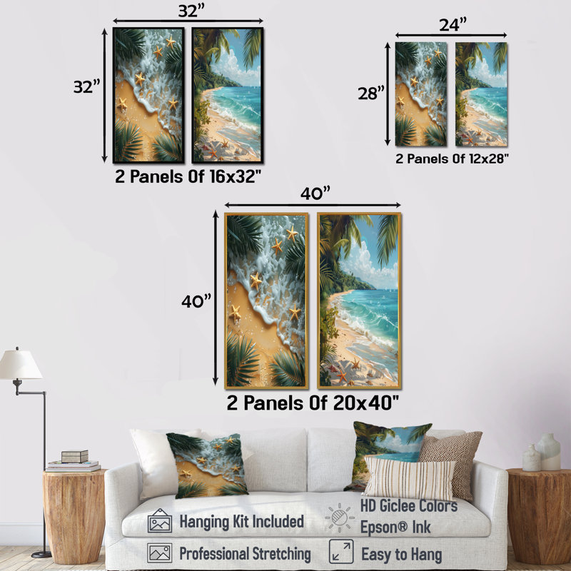 Étoile de mer à la plage tropicale I - ensemble d'art mural de plage 2 pièces, H 28 po x l 24 po, Impression encadrée