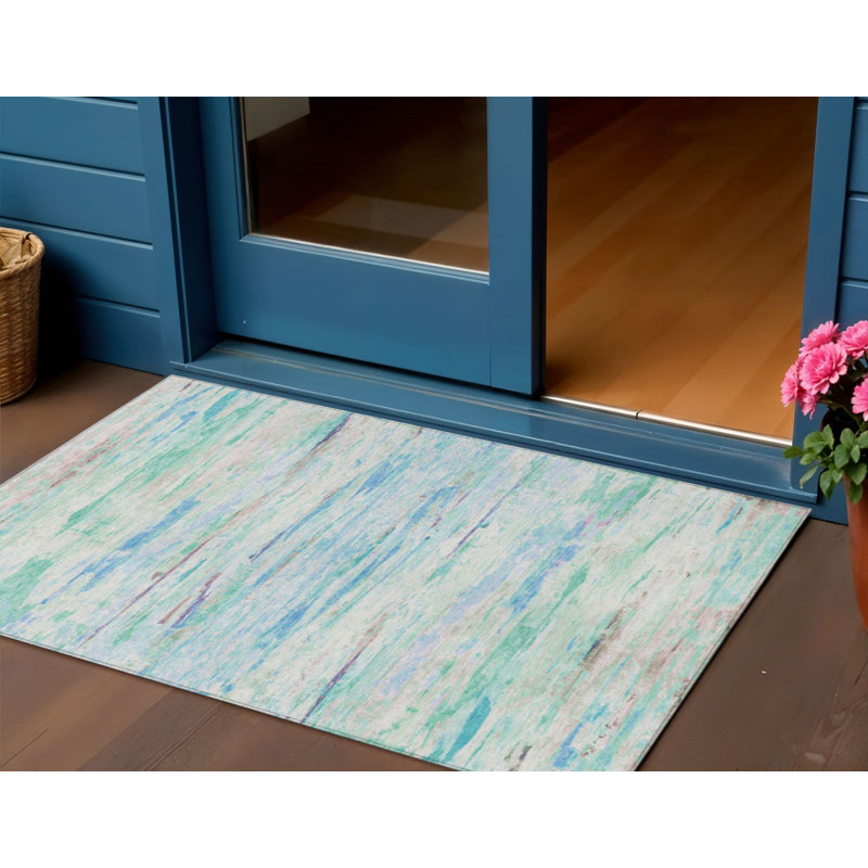 3' X 5' Teal Blue And Ivory Abstract Washable Indoor Outdoor Area Rug