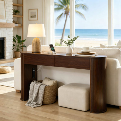 Console moderne avec station de recharge, table d'entrée de 160 cm de long, table cannelée derrière le canapé avec rangement, pour entrée, couloir, salon, noyer foncé