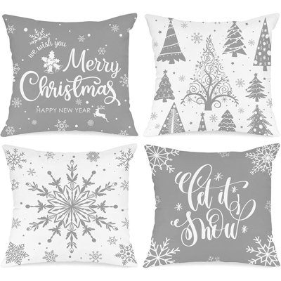 Ensemble de 4 housses de coussin blanches et grises de Noël 18 x 18, housses de coussin décoratives en forme de flocon de neige gris d'hiver de 18 pouces pour chambre à coucher