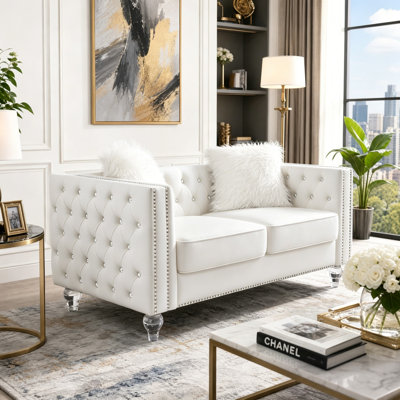 Modern loveseat sofa, a velvet sofa with a touch of luxury, featuring crystal buttons and silver studs, comfortable foam cushions, a solid wood frame, easy assembly, and ideal for small spaces