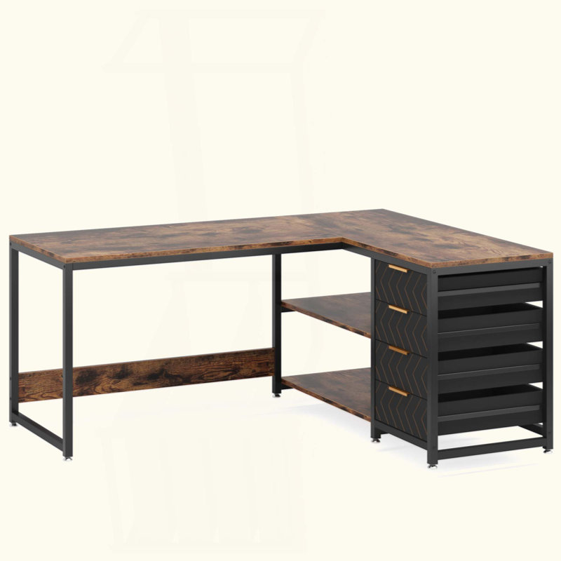 Bureau d'ordinateur en L avec tiroirs et tablettes de rangement, poste de travail de coin réversible, bureau d'écriture pour bureau à domicile avec classeurs
