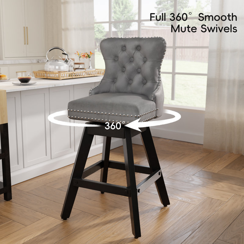 Velvet Swivel Tufted Wooden Barstools Set of 4, Gray
