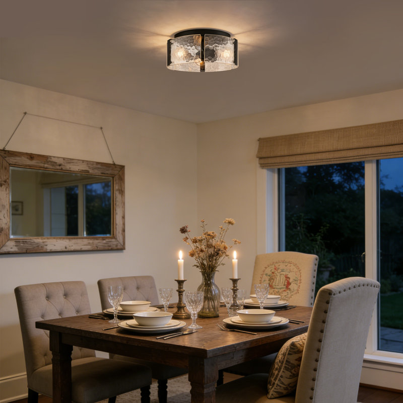 Farmhouse Ceiling Light Fixture 3-Light Black Ceiling Light with Textured Glass Drum Shade, Black