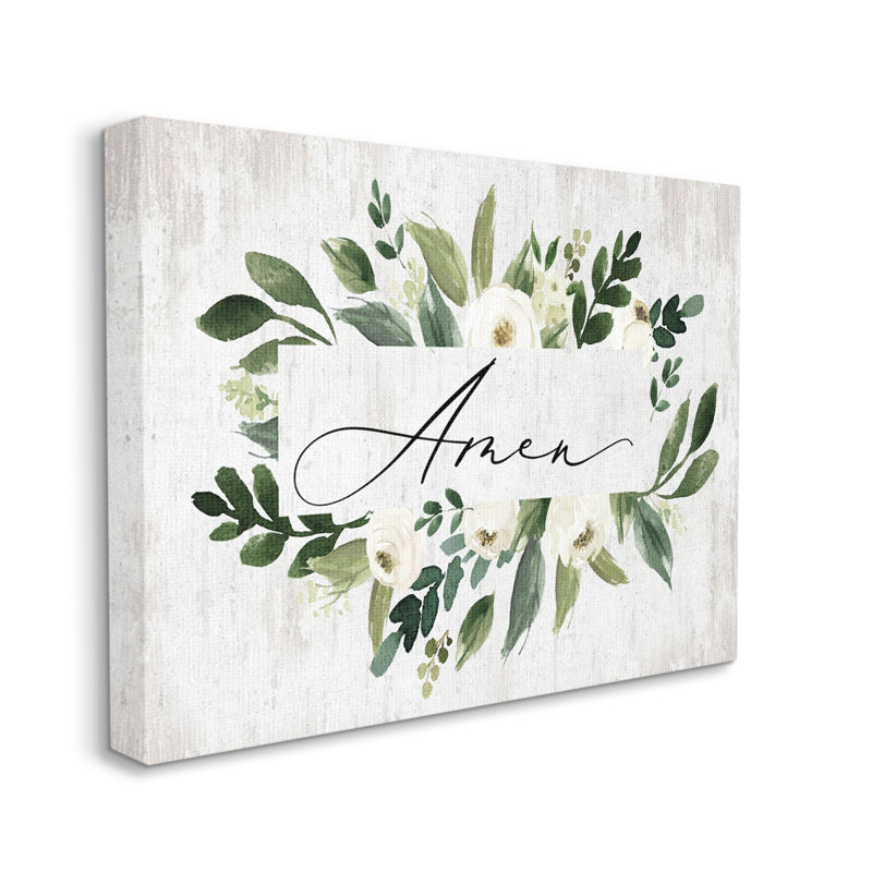 Texte de l'Amen, feuillage botanique vert, fleurs blanches et patiné - impression, Toile tendue, H 30 po x l 40 po x P 1,5 po
