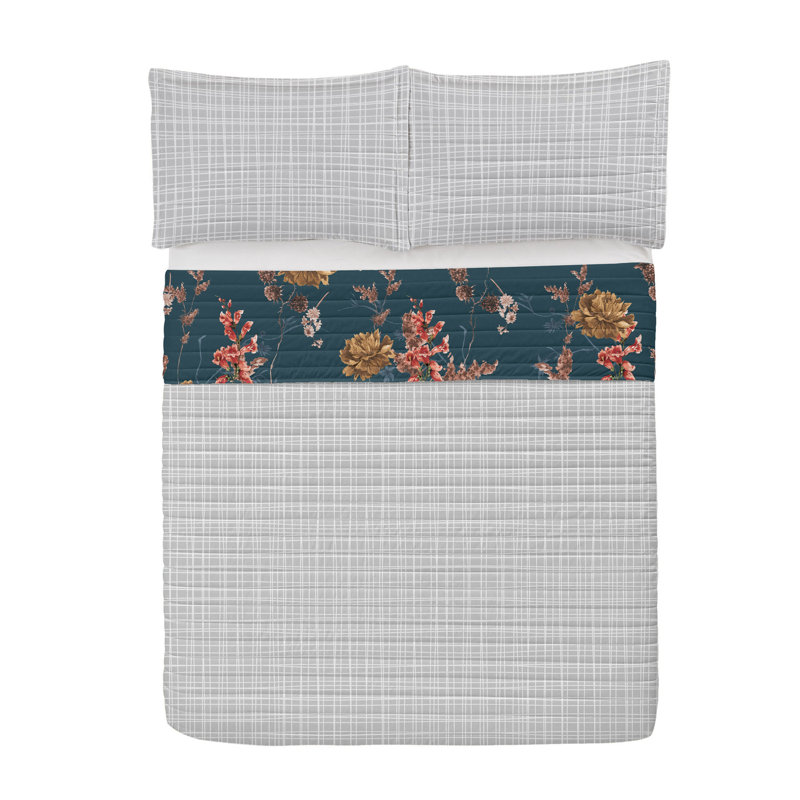 Queen Dark Petrol Blue Salmon Reversible Microfiber Bedspread Set