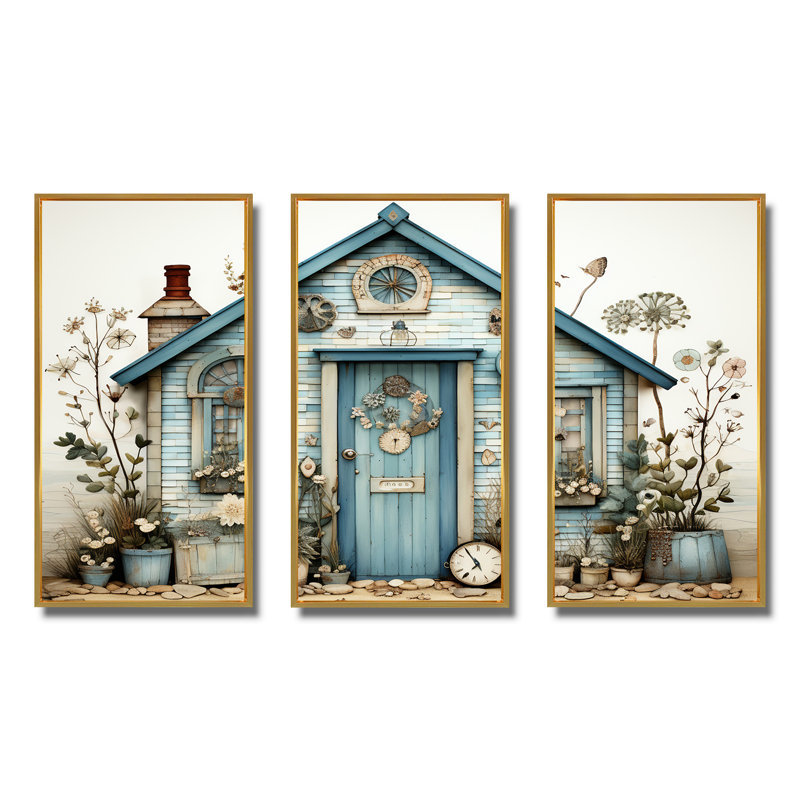 «Blue Beach House Collage Tranquility», art mural sur toile, Cadre flottant doré, H 28 po x l 36 po