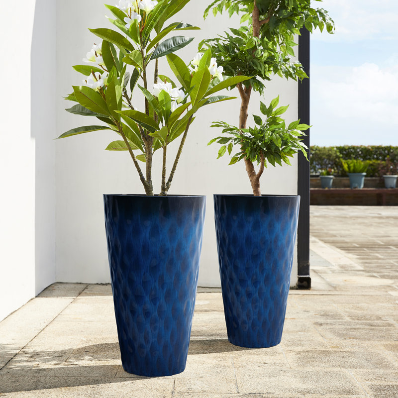 23.75"H Set of 2 Oversized Wavy Texture Cobalt Blue Tall Plastic Planter, Cobalt Blue
