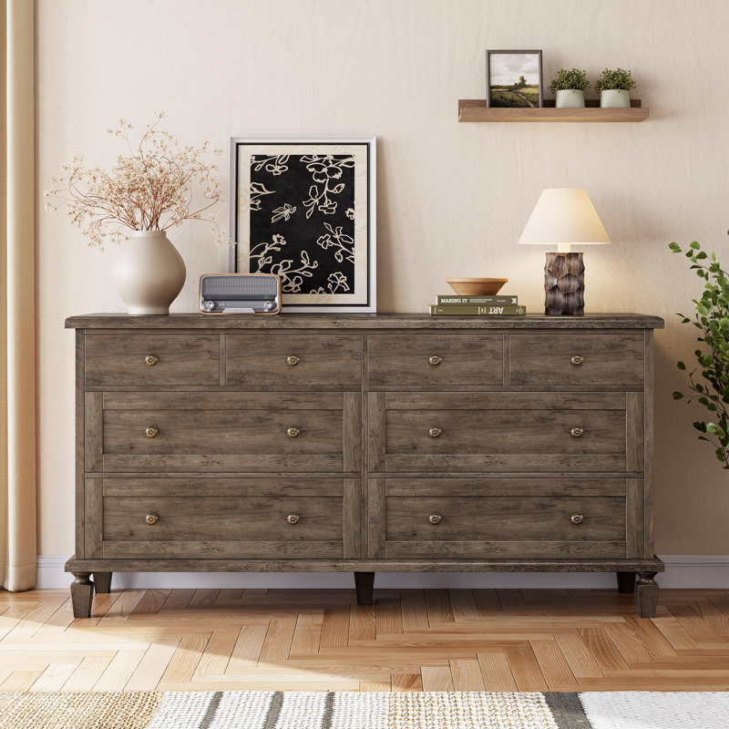 59" Wide Vintage 8 Drawer Wood Dresser with Carved Handles & Tapered Legs for Bedroom, Gray