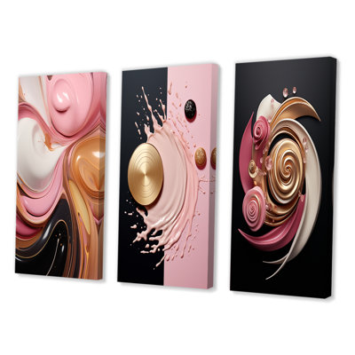 3 Pieces on Canvas - Retro Glam Liquid Minimal Art Pink White Black I