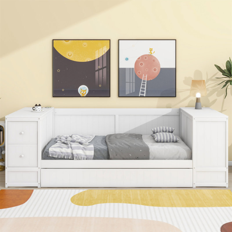 Lit de jour simple avec accoudoirs de rangement, lit gigogne et station de charge pour plus de commodité et de confort, Blanc
