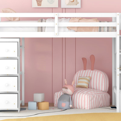 Lit mezzanine simple en bois avec tiroirs de rangement, escaliers et tablettes pour une utilisation compacte et multifonctionnelle