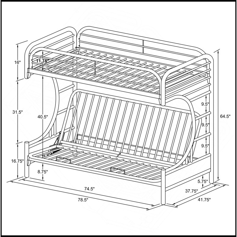 Lit superposé simple / futon Kenston noir avec structure ondulée, futon convertible et garde-corps pleine longueur pour plus de sécurité et de flexibilité
