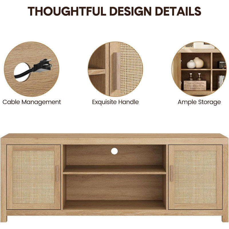 TV Stand for 65 Inch TV with Rattan Doors, Natural Wood