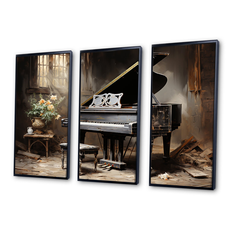 Minimalisme, piano à queue, mélodie I - art mural piano, Cadre flottant noir, H 32 po x l 48 po