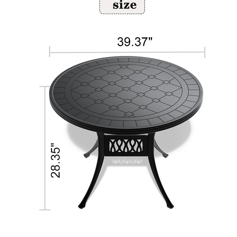 Table de salle à manger en fonte d'aluminium pour l'extérieur, 39,5 pouces, noir, siège ergonomique, conception peu encombrante, patio de 39,5 po avec structure noire, résistance, confortable, empilable
