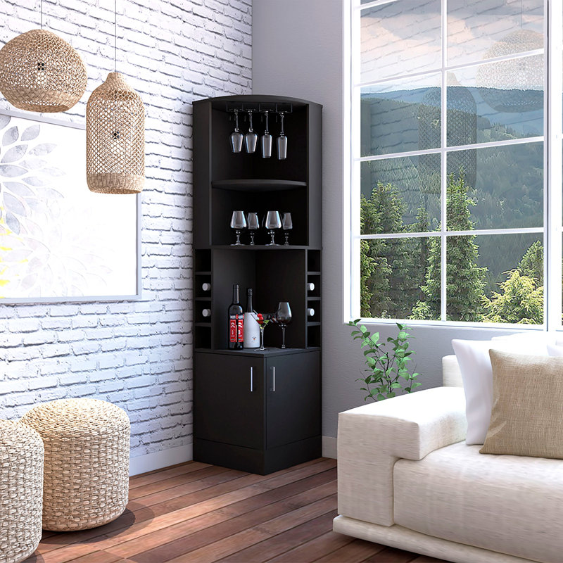 Armoire de bar d'angle, support en verre, armoire à double porte, huit supports à vin intégrés, Noir
