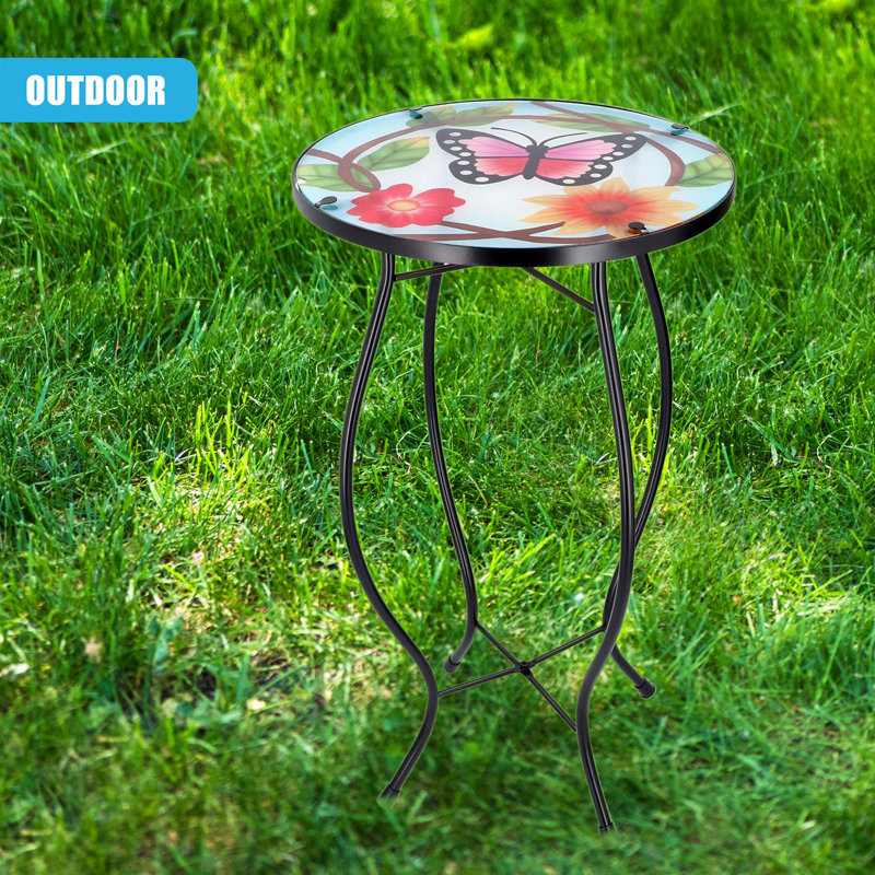 Mosaic Garden Table Weatherproof Glass & Iron, Small Round Outdoor Patio Coffee Versatile Bistro Side Table Plant Stand for Home & Gift, 30.5 cm, Garden Tables Only