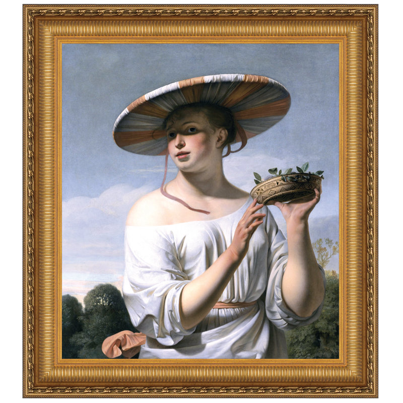 Large Gold Framed Canvas Painting of Woman with Hat