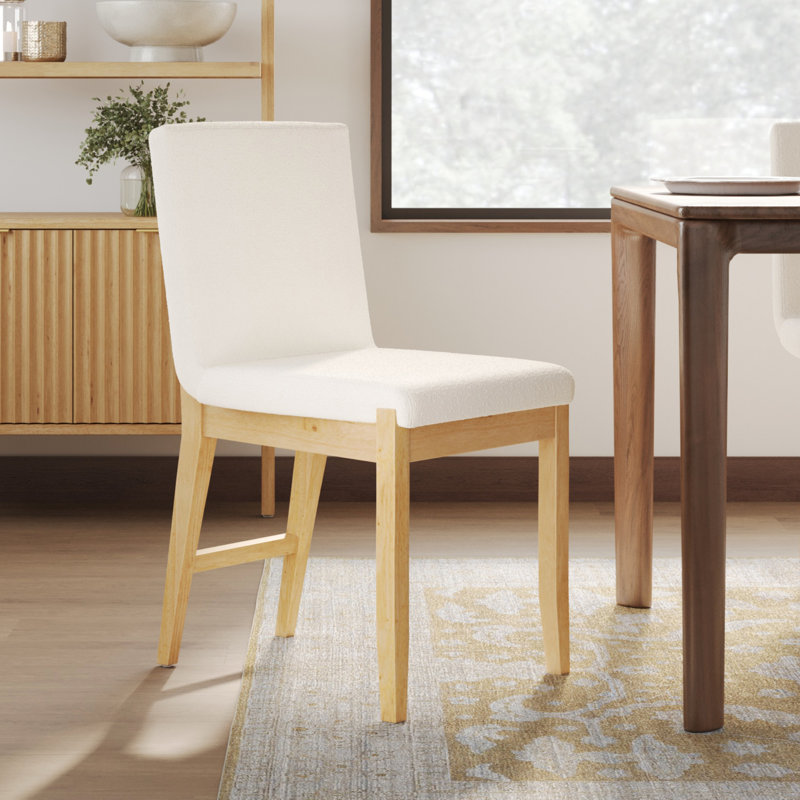 Upholstered Dining Chair with Full Back and Solid Wood Frame, Cream Boucle/Warm Pine , 1