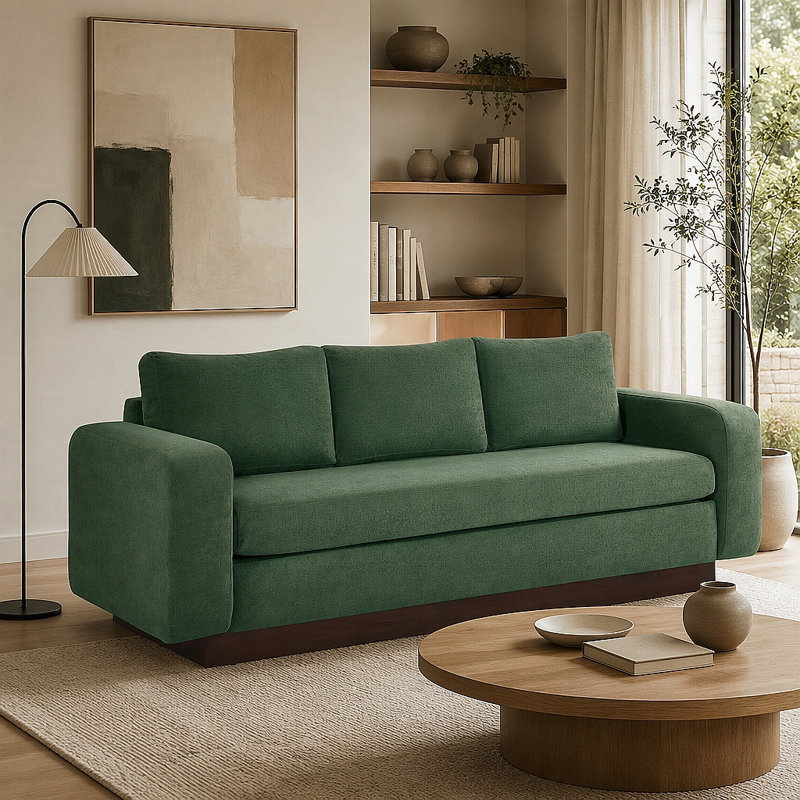 Canapé moderne à 3 places avec accoudoirs surdimensionnés et base en bois d'hévéa, Green Chenille