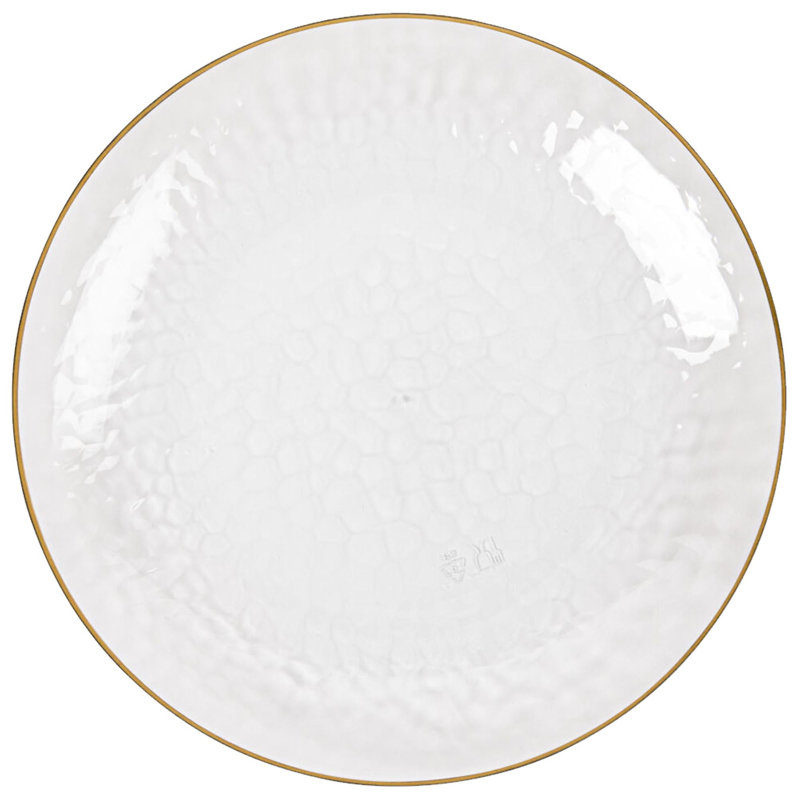 Assiettes martelées transparentes rondes de 10 pouces Ecoqualité avec bordure dorée pour 100 invités