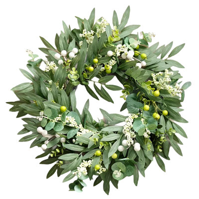 Couronne olive de 20 pouces pour la porte d'entrée, couronne de verdure artificielle avec de grandes baies mélangées, décoration murale de campagne toutes saisons pour fenêtre de mariage
