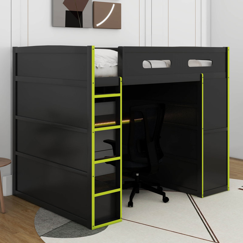 Lit mezzanine double en bois avec bureau, garde-robe et lumière DEL RVB, Vert