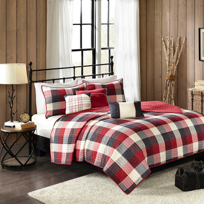 Courtepointe imprimée à chevrons, 6 pièces, rouge, double / grand, carreaux Buffalo, style chalet confortable avec texture de coussins décoratifs, literie légère