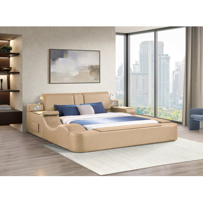 Smart Multifunctional King Size Bed with Massager Made with Wood and Faux Leather in Caramel