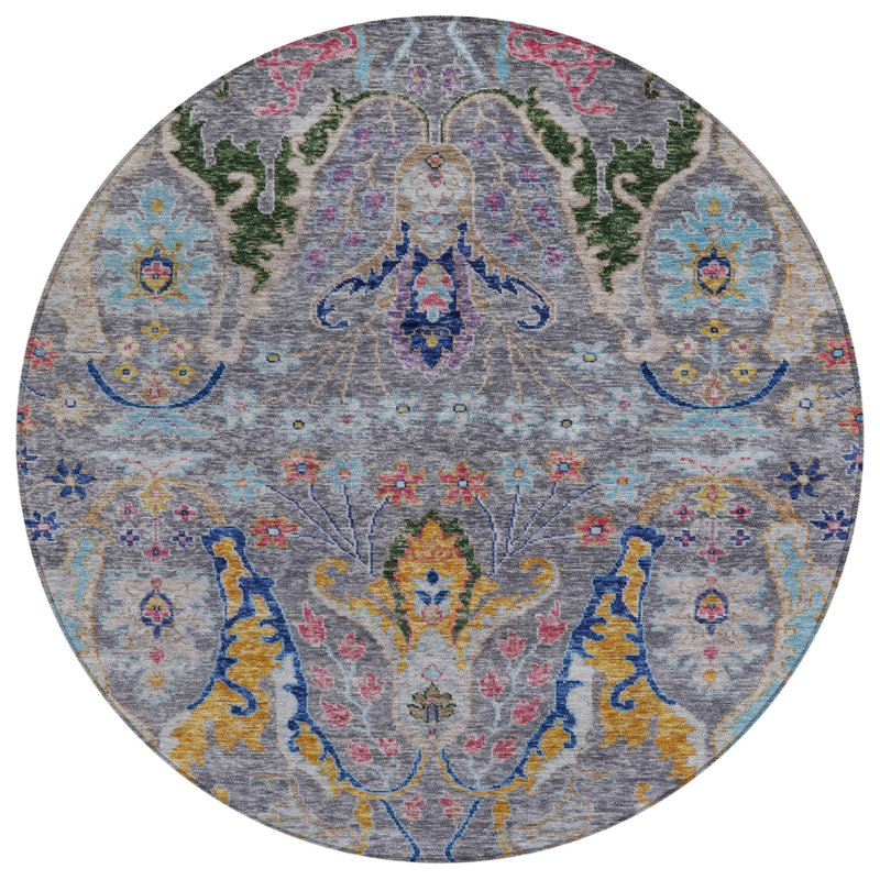 Tapis intérieur / extérieur gris lavable à la machine Xhevrie, Rond 8 pi